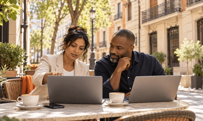Dos socios trabajando con sus portátiles en la terraza de una cafetería de Madrid, decidiendo su vía en la Visa de Nómada Digital de España como propietarios de empresa
