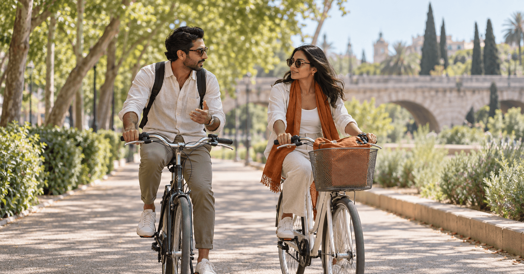 "Pareja británica de cofundadores recorriendo en bici el Jardín del Turia de Valencia, dirigiendo su limited company británica desde España con la Visa de Nómada Digital"