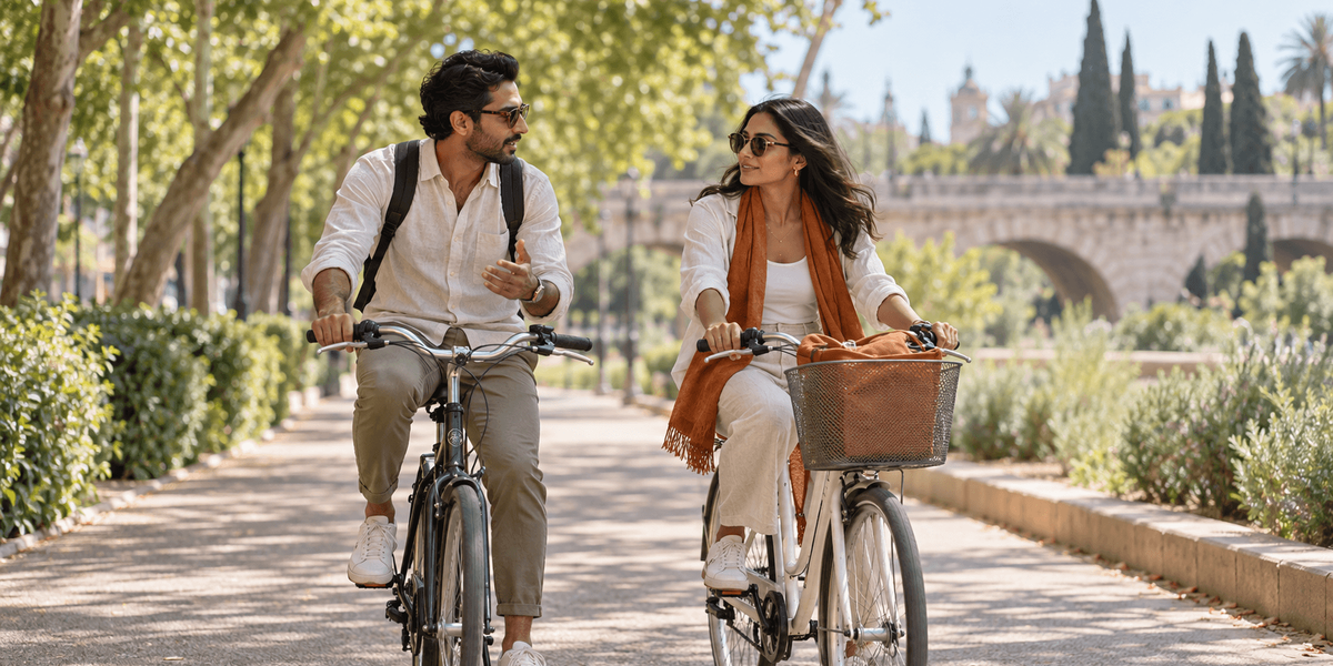 "Pareja británica de cofundadores recorriendo en bici el Jardín del Turia de Valencia, dirigiendo su limited company británica desde España con la Visa de Nómada Digital"