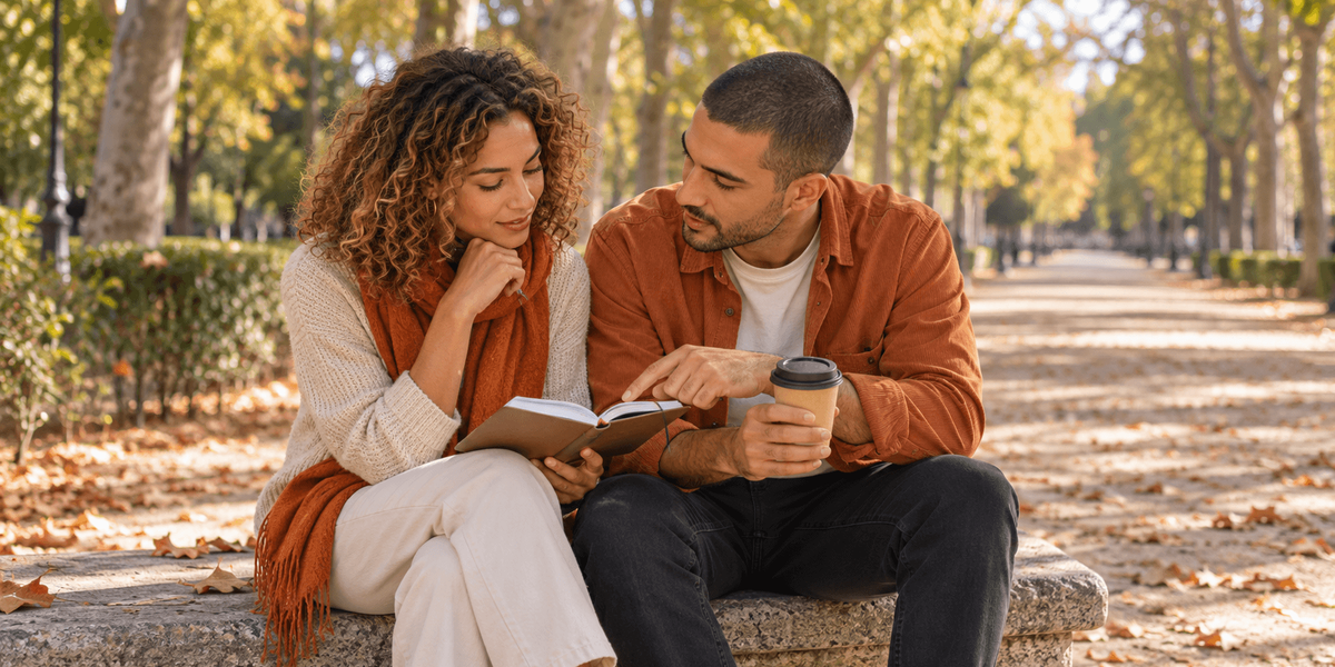 Pareja sentada en un banco del parque de El Retiro, en Madrid, mirando juntos una agenda mientras planifican las fechas de su visa de nómada digital de España