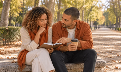 Pareja sentada en un banco del parque de El Retiro, en Madrid, mirando juntos una agenda mientras planifican las fechas de su visa de nómada digital de España