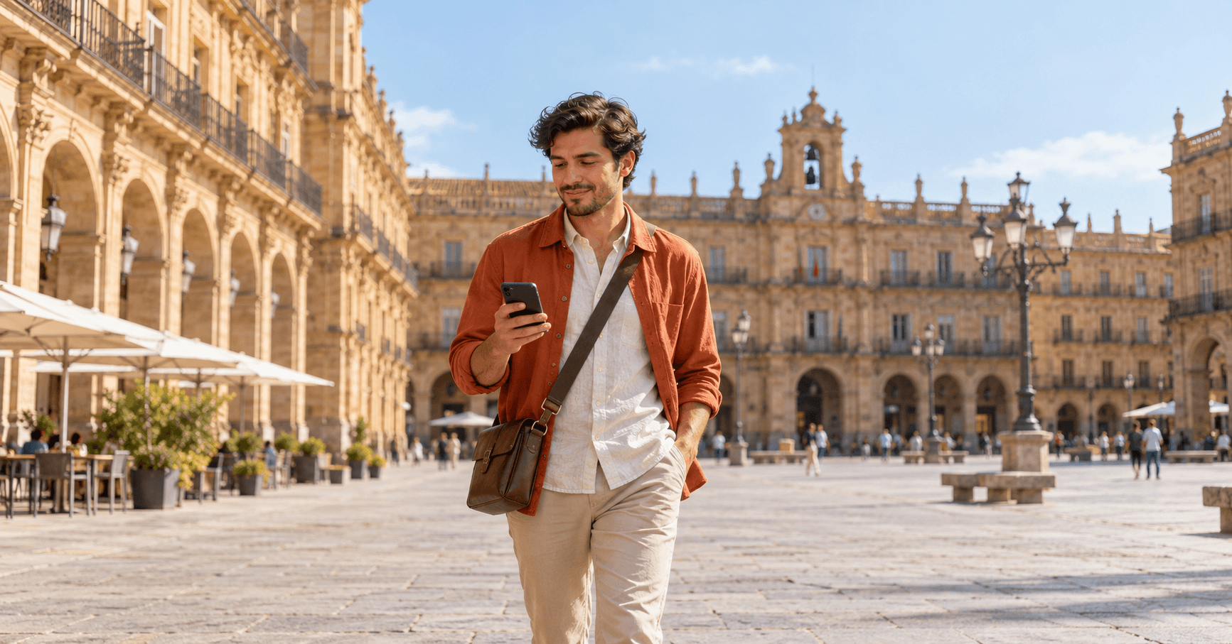 Joven freelancer latinoamericano cruzando una plaza de piedra en Salamanca mientras revisa en el móvil la confirmación de un pago antes de solicitar la Visa de Nómada Digital