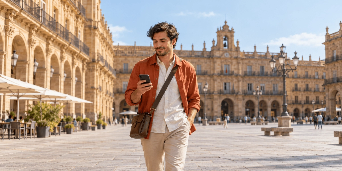 Joven freelancer latinoamericano cruzando una plaza de piedra en Salamanca mientras revisa en el móvil la confirmación de un pago antes de solicitar la Visa de Nómada Digital