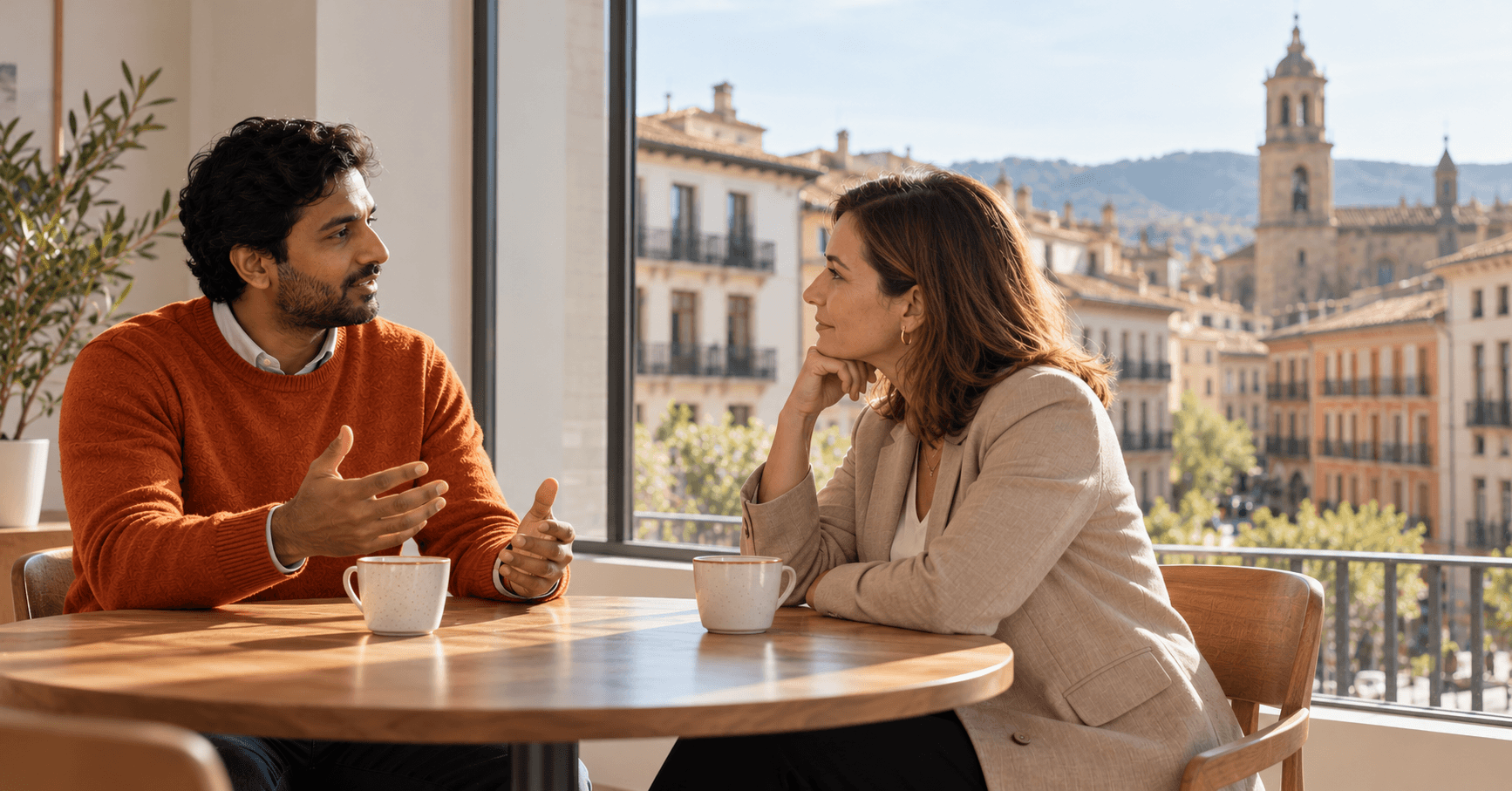 Hombre explicando las funciones de su trabajo a una abogada de inmigración en una sala luminosa con vistas al casco antiguo de Pamplona, antes de solicitar la Visa de Nómada Digital