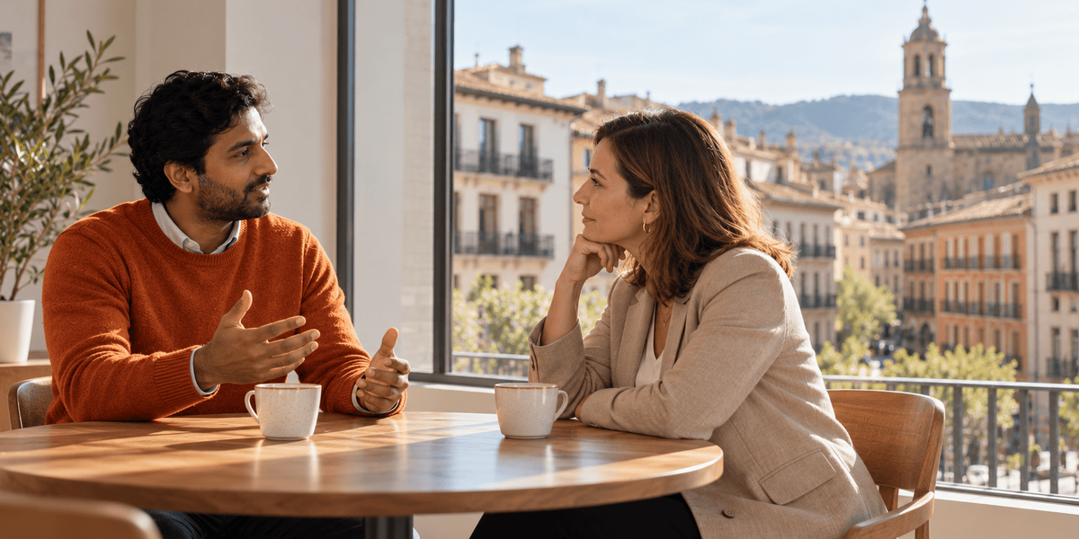 Hombre explicando las funciones de su trabajo a una abogada de inmigración en una sala luminosa con vistas al casco antiguo de Pamplona, antes de solicitar la Visa de Nómada Digital