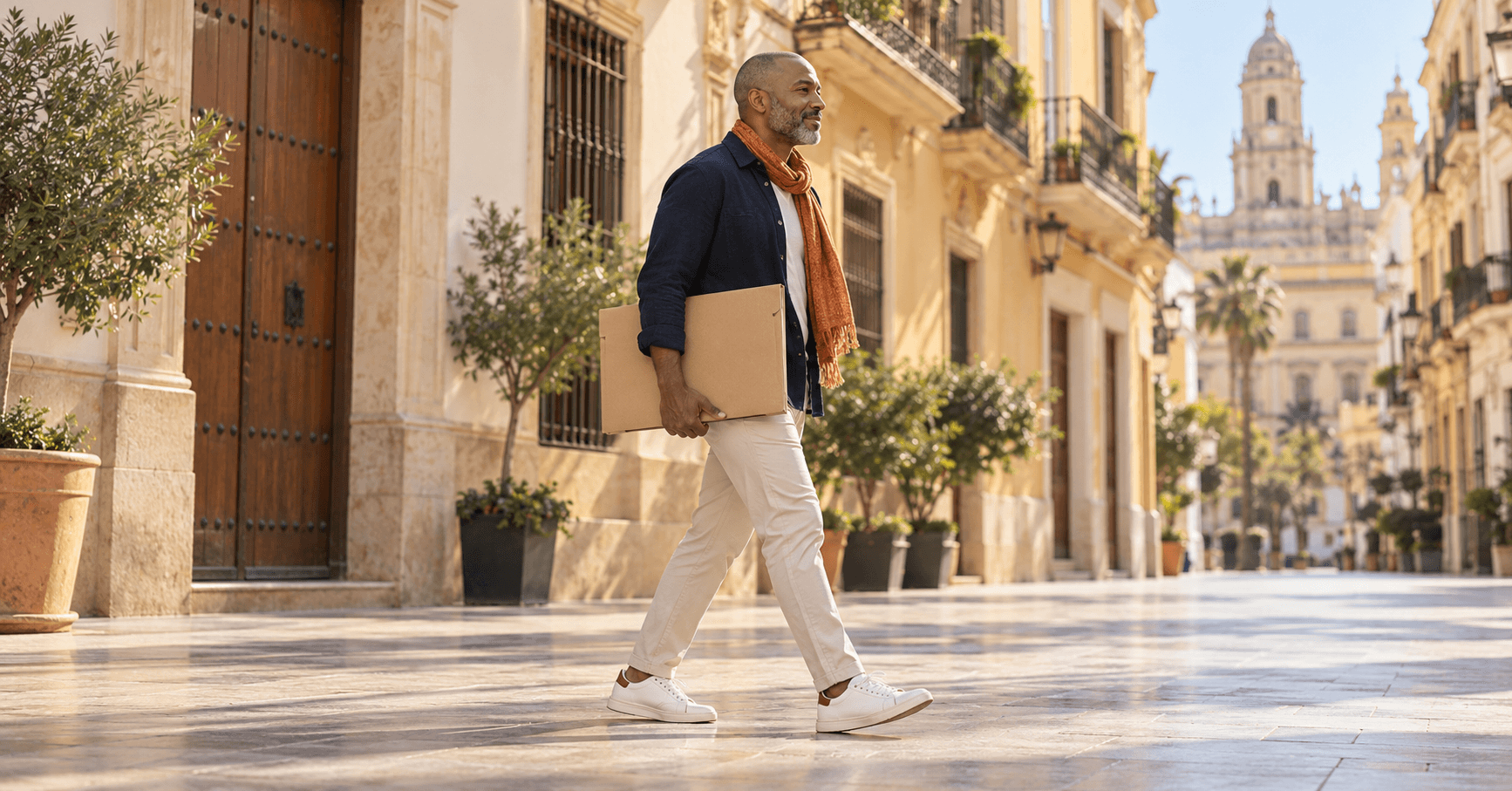 Hombre caminando por una calle peatonal de Málaga con un sobre grande bajo el brazo, con el certificado de antecedentes penales para su solicitud de la Visa Nómada Digital de España