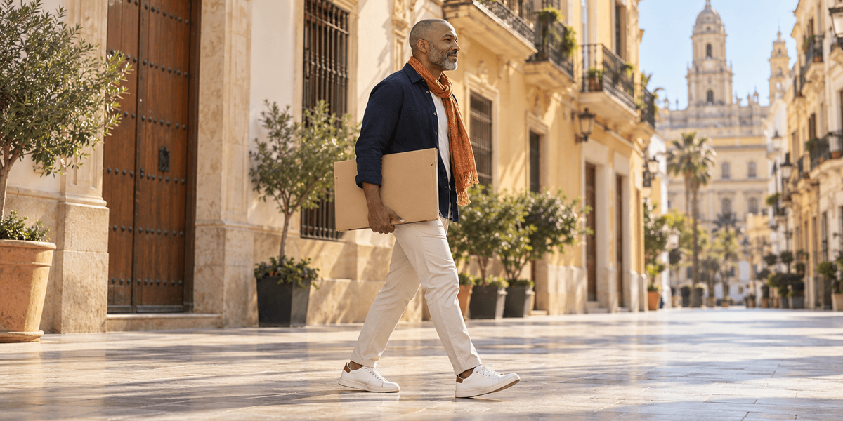Hombre caminando por una calle peatonal de Málaga con un sobre grande bajo el brazo, con el certificado de antecedentes penales para su solicitud de la Visa Nómada Digital de España