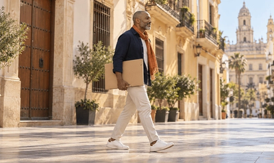 Hombre caminando por una calle peatonal de Málaga con un sobre grande bajo el brazo, con el certificado de antecedentes penales para su solicitud de la Visa Nómada Digital de España
