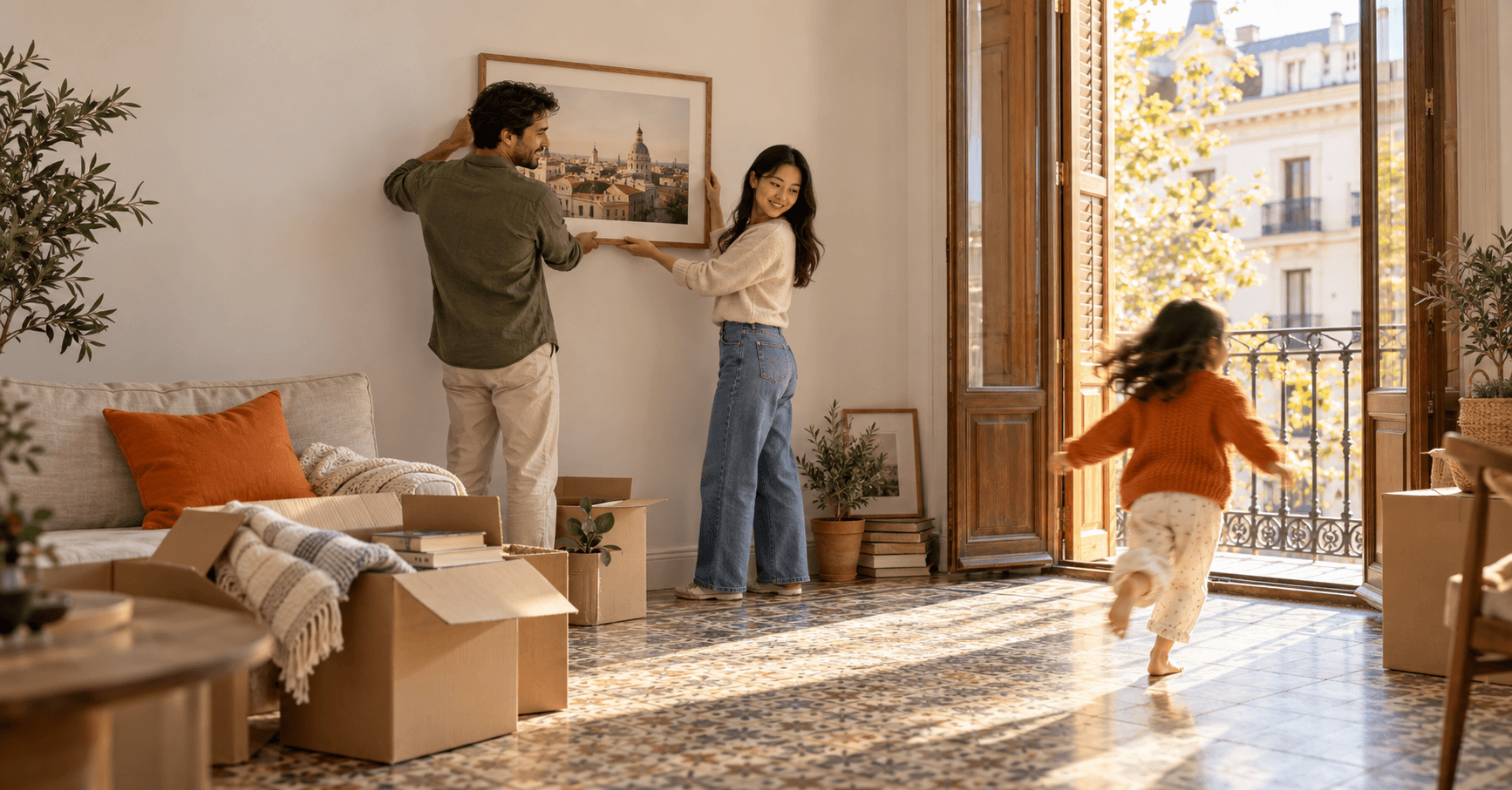 Pareja colgando un cuadro en su piso recién alquilado en Madrid mientras su hija corre hacia el balcón, la vivienda con la que se empadronarán en España