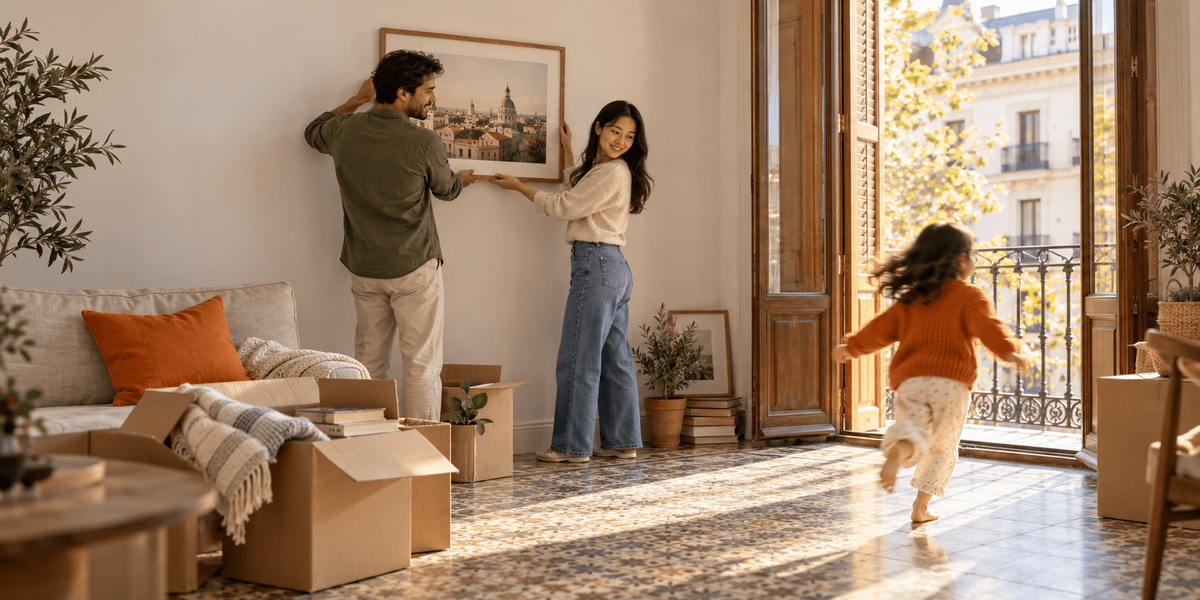 Pareja colgando un cuadro en su piso recién alquilado en Madrid mientras su hija corre hacia el balcón, la vivienda con la que se empadronarán en España