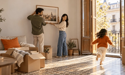Pareja colgando un cuadro en su piso recién alquilado en Madrid mientras su hija corre hacia el balcón, la vivienda con la que se empadronarán en España