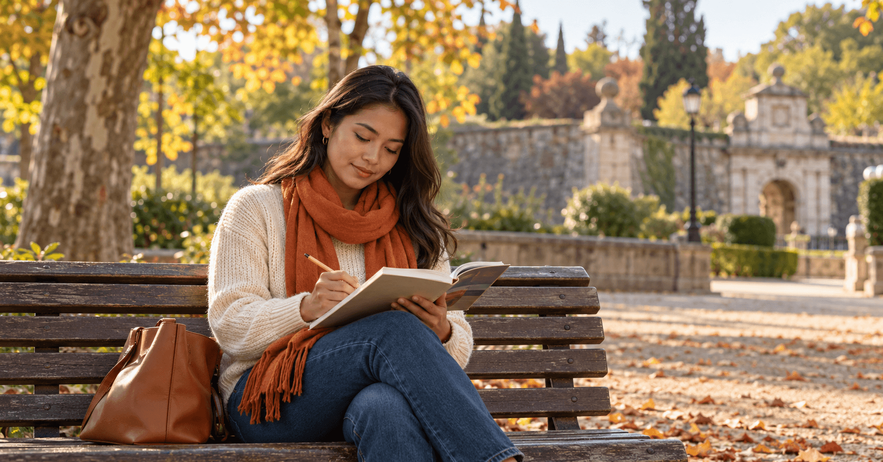 Mujer filipina estudiando para el examen de nacionalidad española en un banco del parque de la Taconera de Pamplona, preparando la vía de 2 años tras la Visa de Nómada Digital