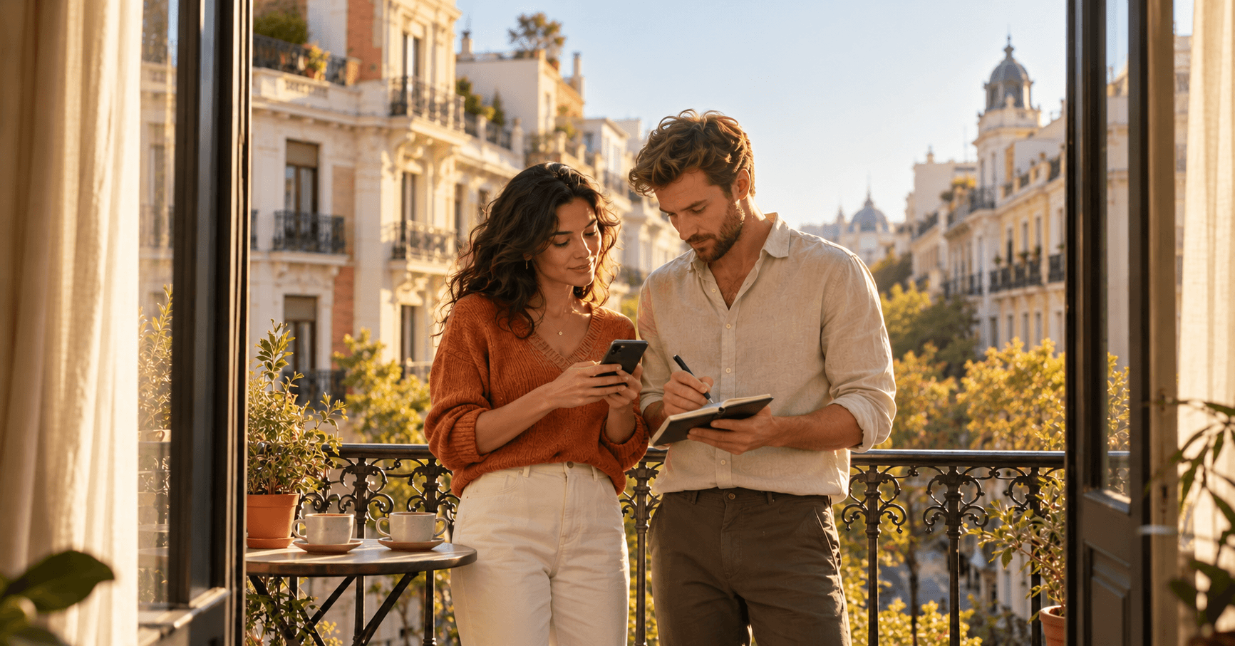 Couple calmly working out their monthly income figures on the balcony of their apartment in Chamberí, Madrid