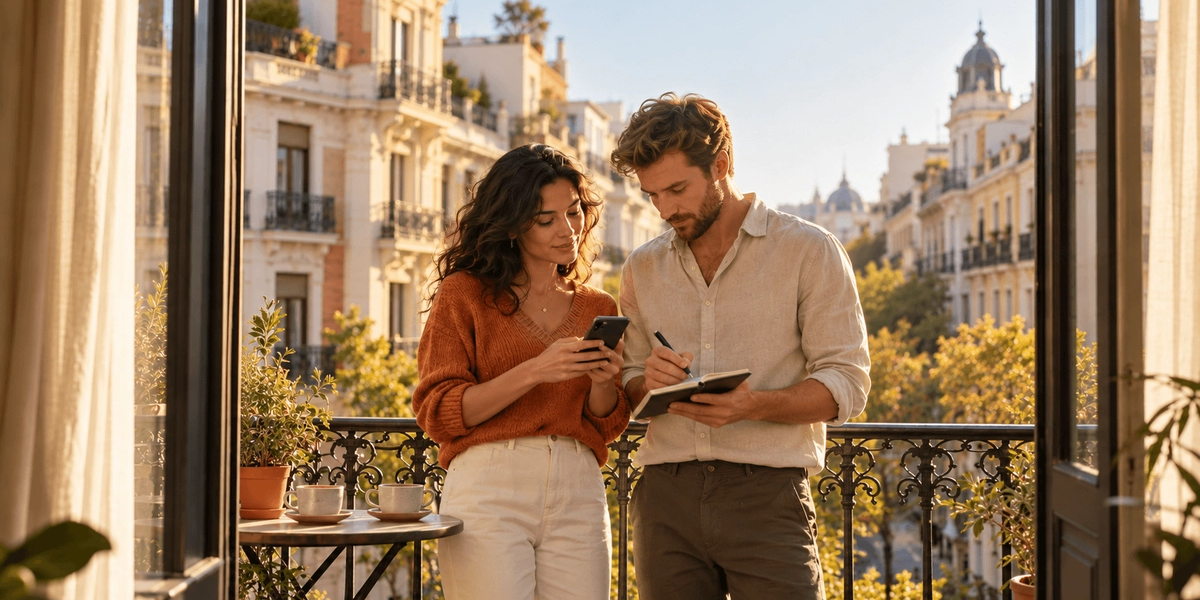 Couple calmly working out their monthly income figures on the balcony of their apartment in Chamberí, Madrid