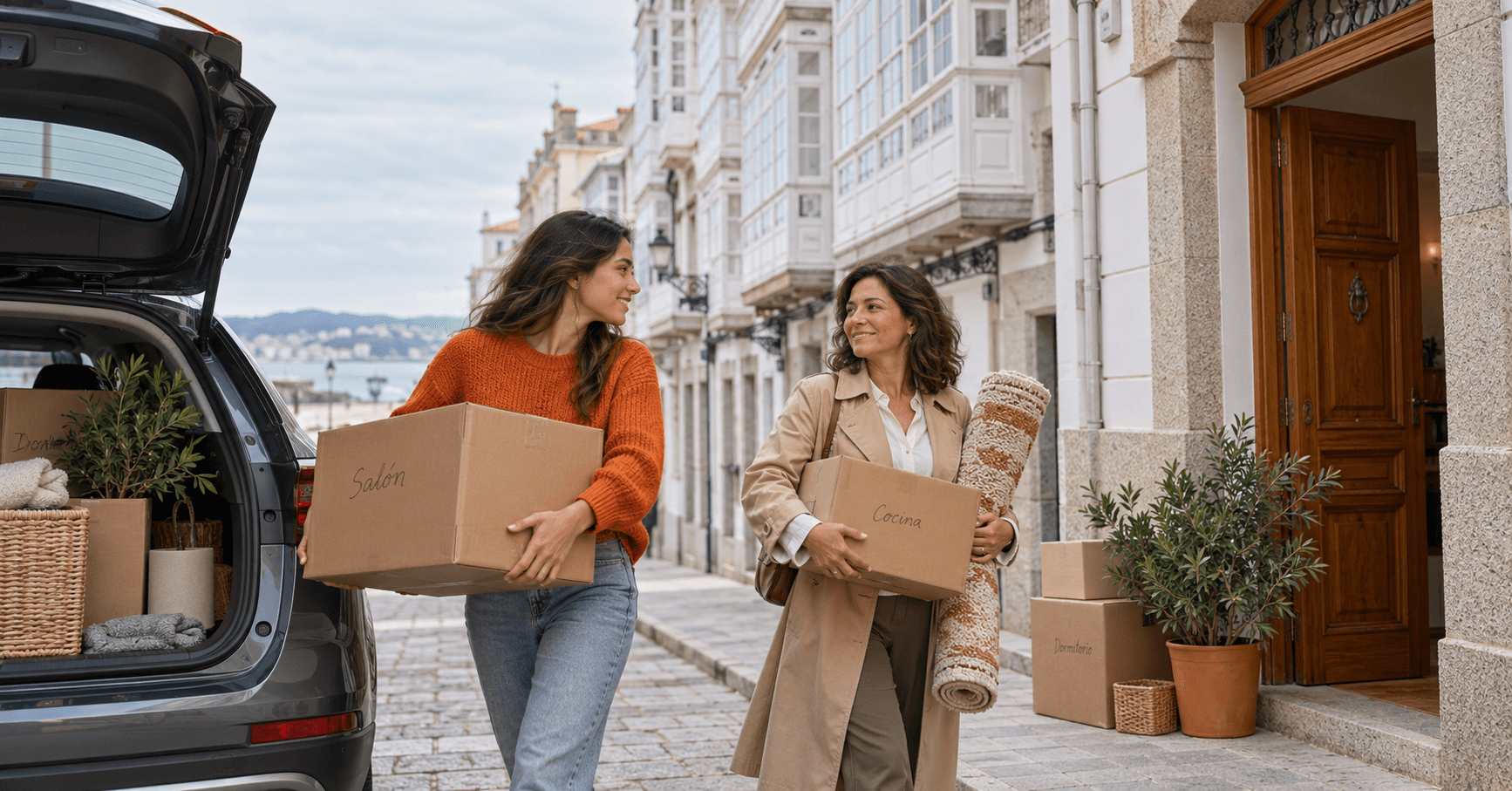 Madre e hija mayor de edad descargando cajas de mudanza de un coche frente a su nuevo hogar en A Coruña, mudándose juntas a España con la Visa de Nómada Digital