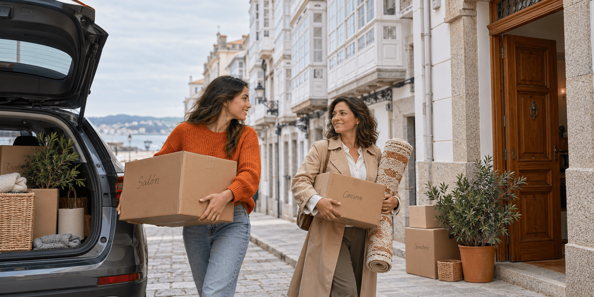 Madre e hija mayor de edad descargando cajas de mudanza de un coche frente a su nuevo hogar en A Coruña, mudándose juntas a España con la Visa de Nómada Digital