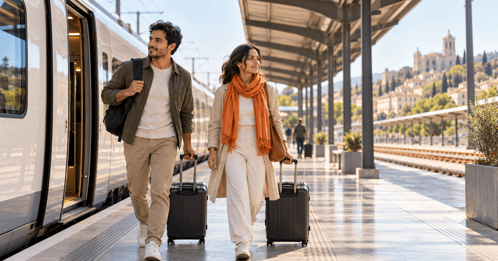Pareja bajando de un tren en la estación de Girona con maletas de cabina, llegando a España desde otro país europeo para solicitar la Visa de Nómada Digital