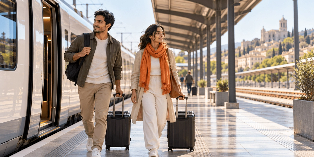 Pareja bajando de un tren en la estación de Girona con maletas de cabina, llegando a España desde otro país europeo para solicitar la Visa de Nómada Digital