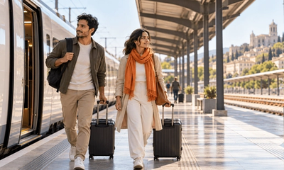 Pareja bajando de un tren en la estación de Girona con maletas de cabina, llegando a España desde otro país europeo para solicitar la Visa de Nómada Digital