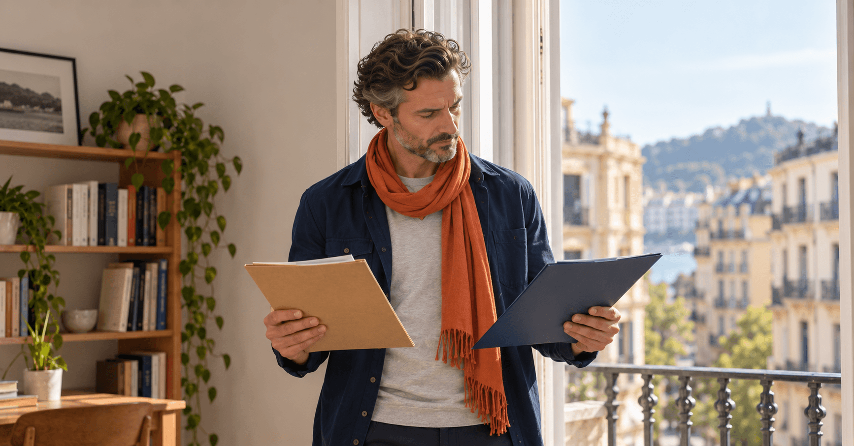 Hombre de pie junto a la ventana del despacho de su casa en San Sebastián, con dos carpetas distintas en las manos mientras decide por qué vía de ingresos solicitar la Visa de Nómada Digital de España