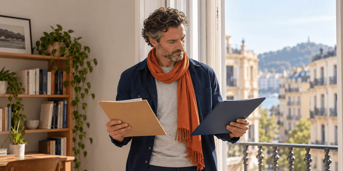 Hombre de pie junto a la ventana del despacho de su casa en San Sebastián, con dos carpetas distintas en las manos mientras decide por qué vía de ingresos solicitar la Visa de Nómada Digital de España
