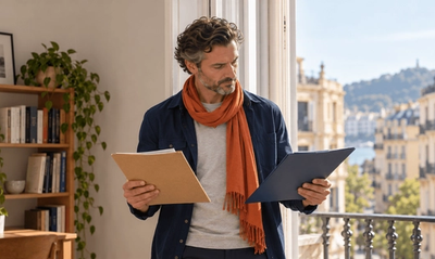Hombre de pie junto a la ventana del despacho de su casa en San Sebastián, con dos carpetas distintas en las manos mientras decide por qué vía de ingresos solicitar la Visa de Nómada Digital de España