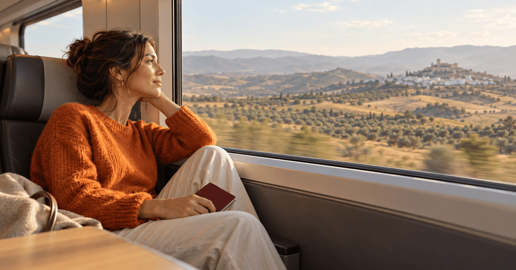 Professional looking out a train window at the Spanish countryside with a closed passport on their knee, travelling to Spain on a Schengen visa