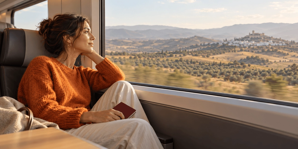 Professional looking out a train window at the Spanish countryside with a closed passport on their knee, travelling to Spain on a Schengen visa
