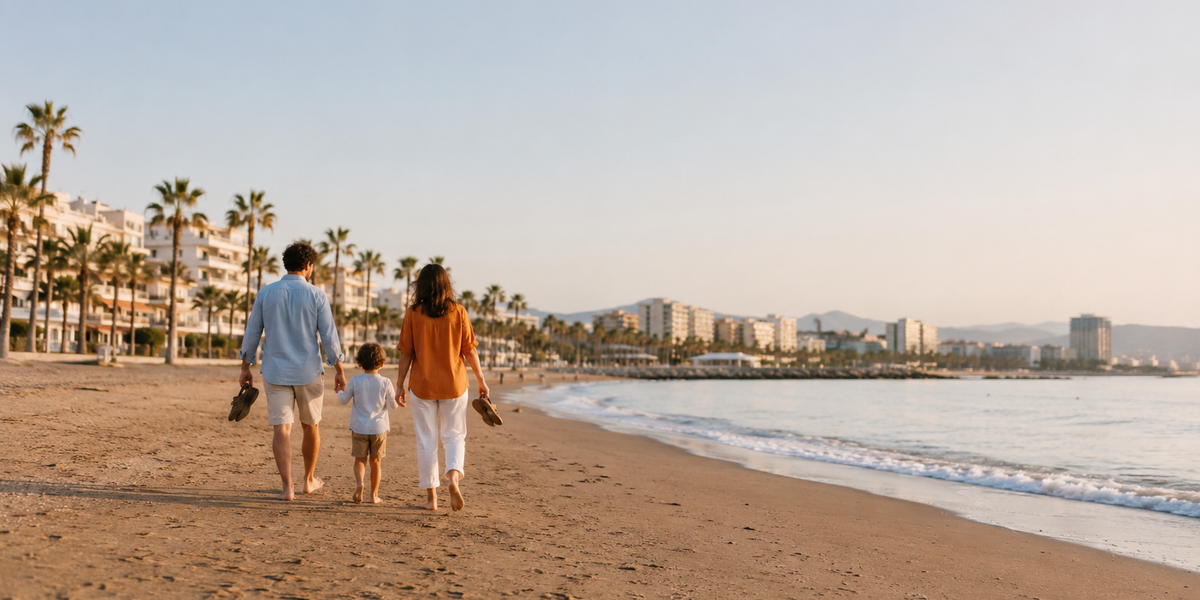 family walking down a beach in south Spain