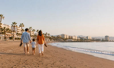 familia caminado en una playa en el sur de España