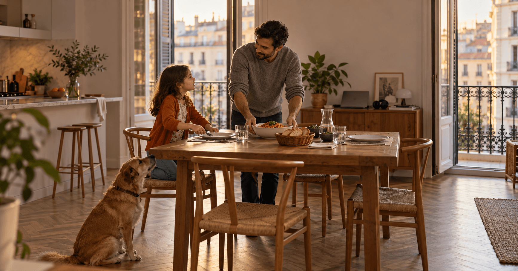 Padre e hija pequeña en la mesa a la hora de la cena en su piso de Madrid, con su perro al lado