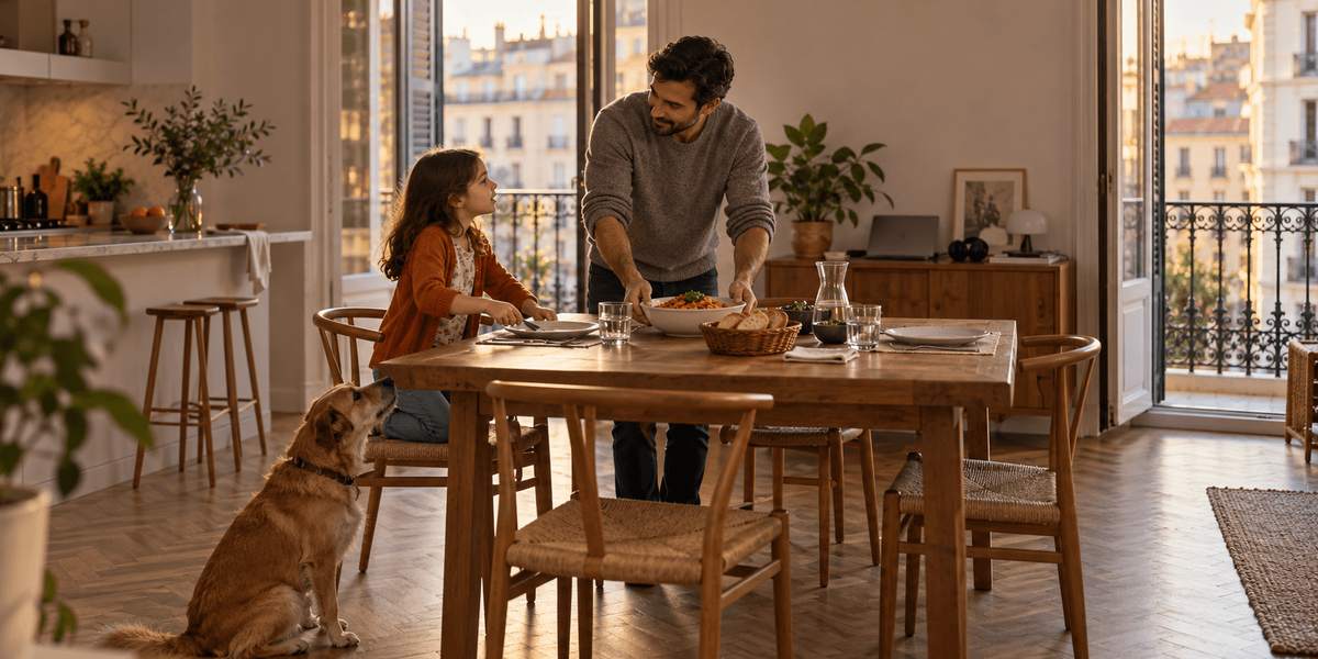 Padre e hija pequeña en la mesa a la hora de la cena en su piso de Madrid, con su perro al lado
