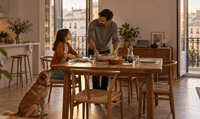 Padre e hija pequeña en la mesa a la hora de la cena en su piso de Madrid, con su perro al lado