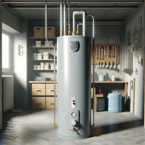 Plumber inspecting a residential hot water heater.