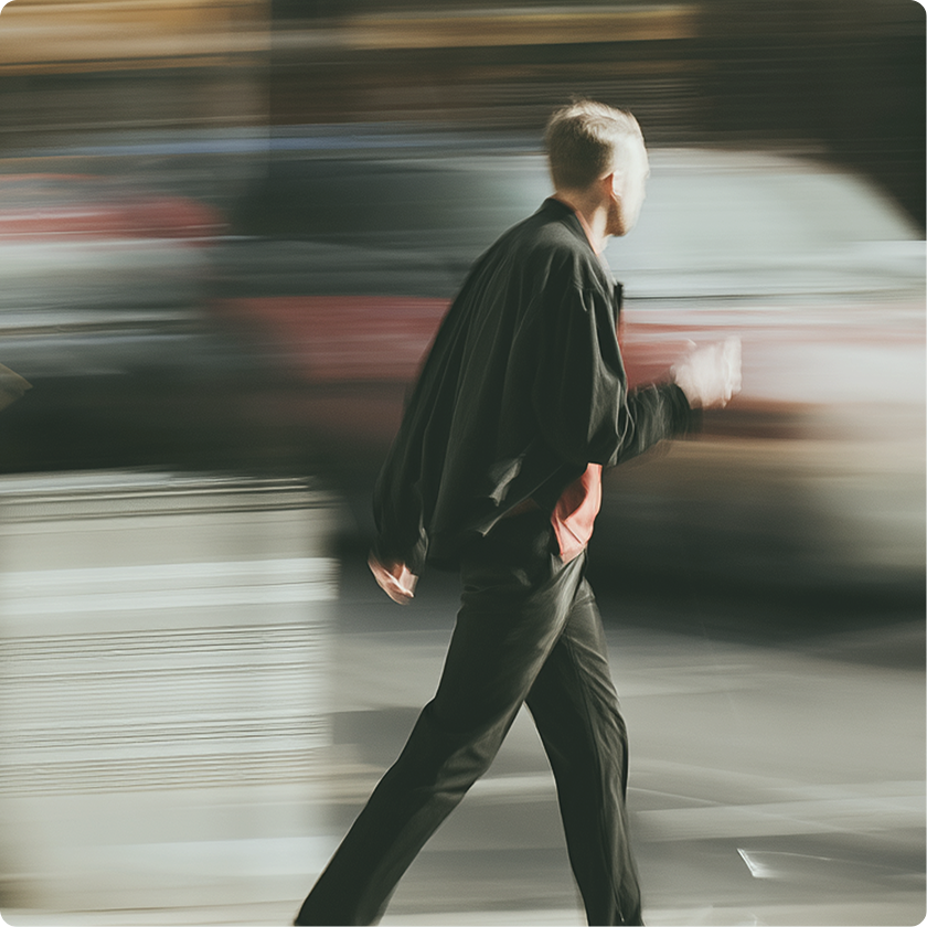 Motion-blurred person walking through a busy city street