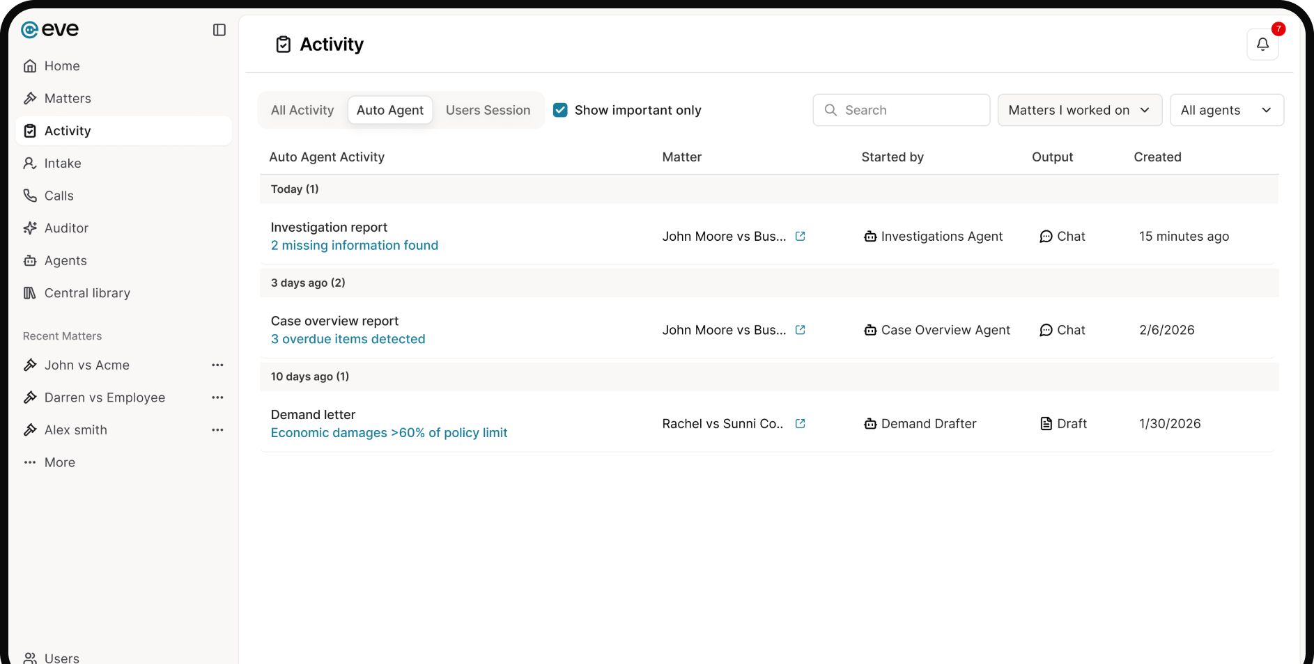 Eve dashboard for partners showing matters, notifications, and agents activity