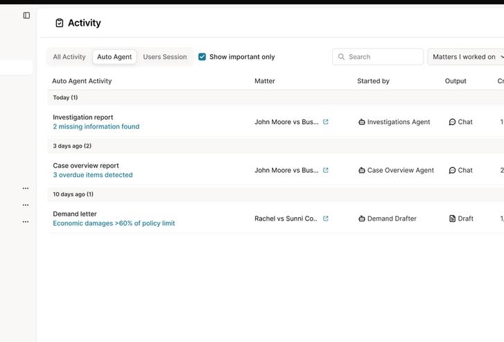 Eve dashboard for partners showing matters, notifications, and agents activity