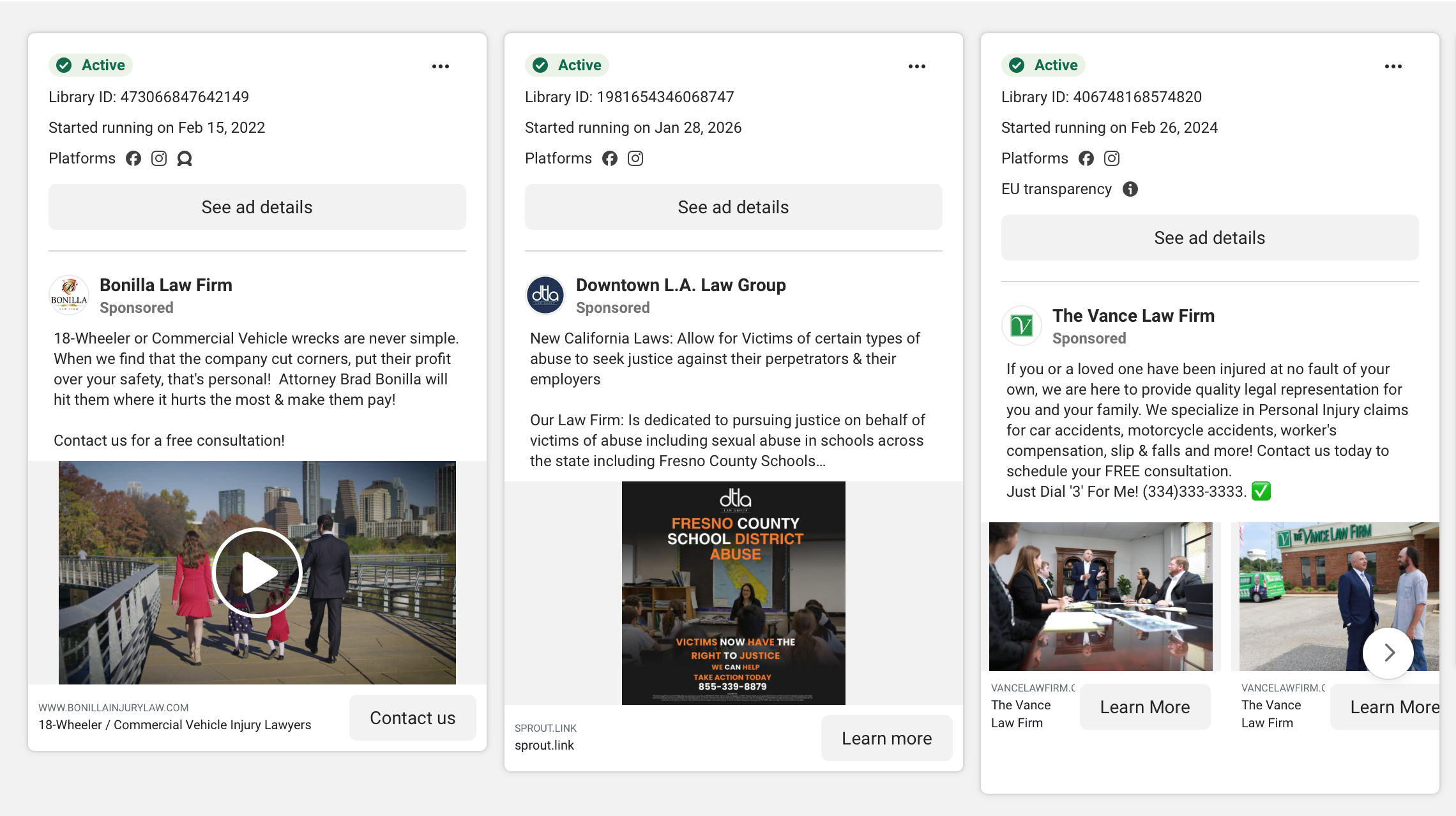 Personal injury law firm ads in Meta's Ad Library, showing examples of PI attorney Facebook advertising creative