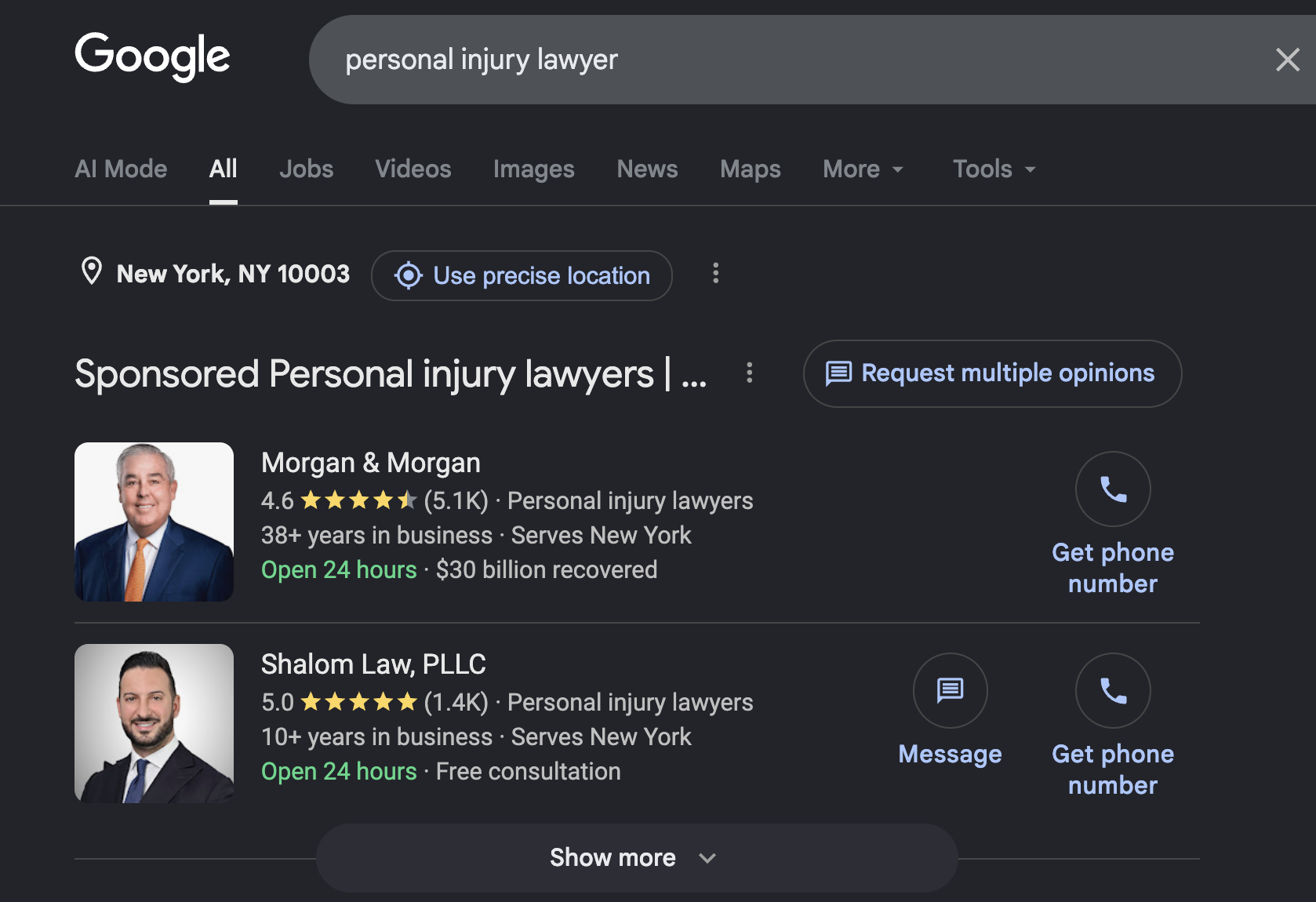 Local Services Ads for personal injury attorneys appearing above Google search results