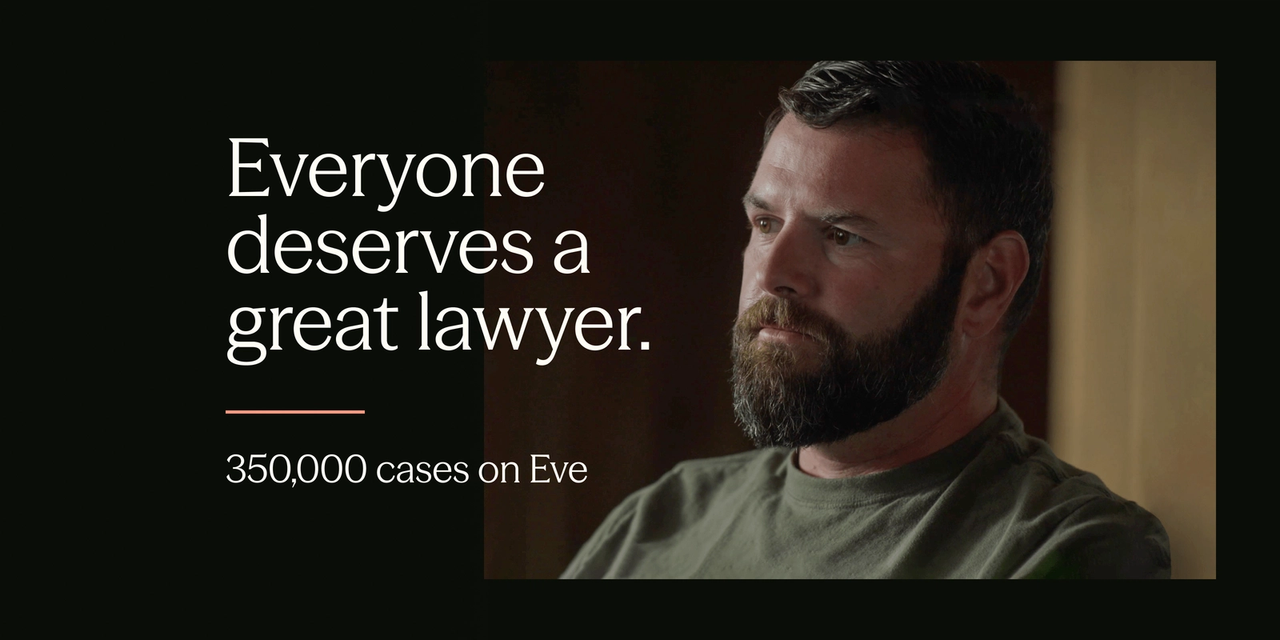 Mike Dickerson looks off to the side beside the words Everyone deserves a great lawyer, and 350,000 cases on Eve.