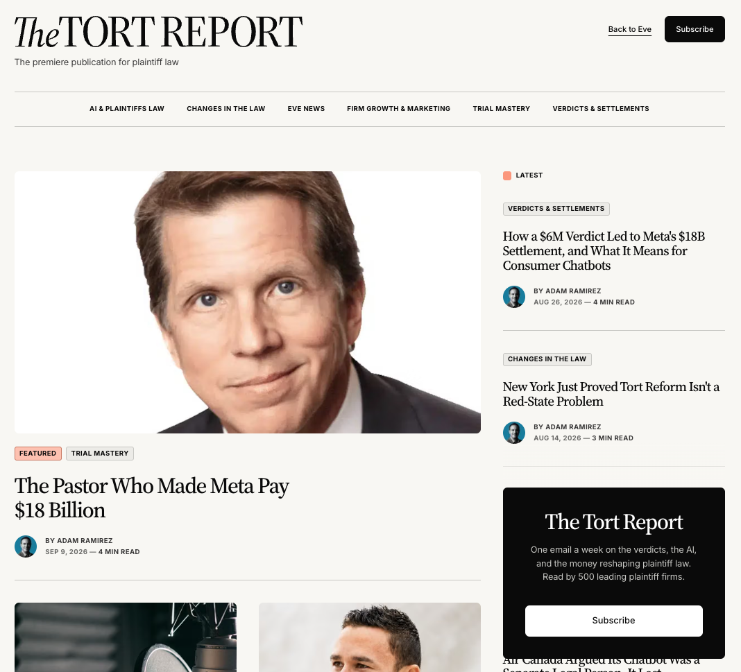 The Tort Report website homepage with a featured story, a latest articles column, and a subscribe box.
