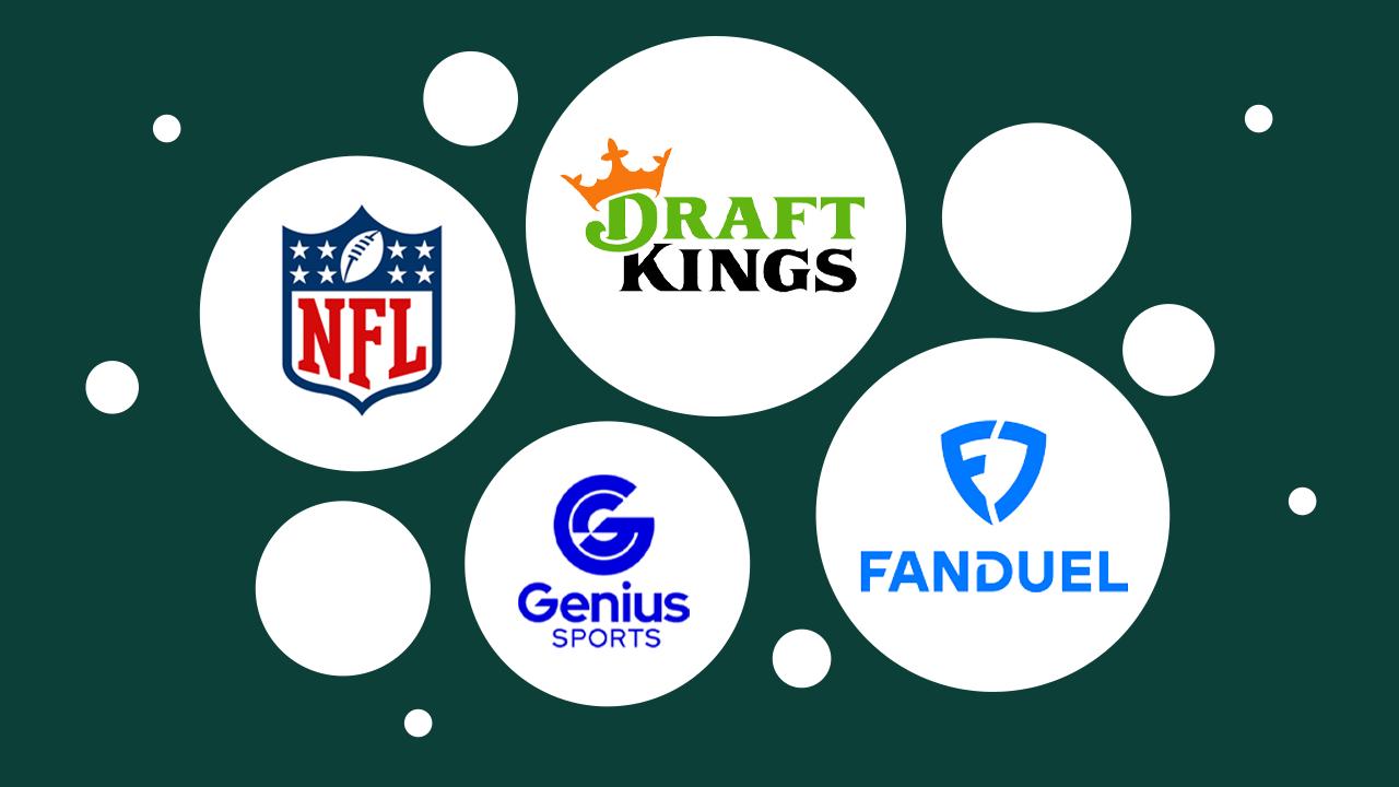 NFL, DraftKings, FanDuel, and Genius Sports logos in white circles on a dark green background.