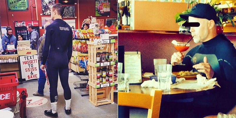 A man in a full wetsuit stands in a grocery store, and another in a wetsuit sips a red cocktail at a restaurant.