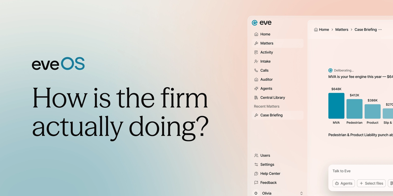 EveOS dashboard headed 'How is the firm actually doing?' showing case value charts