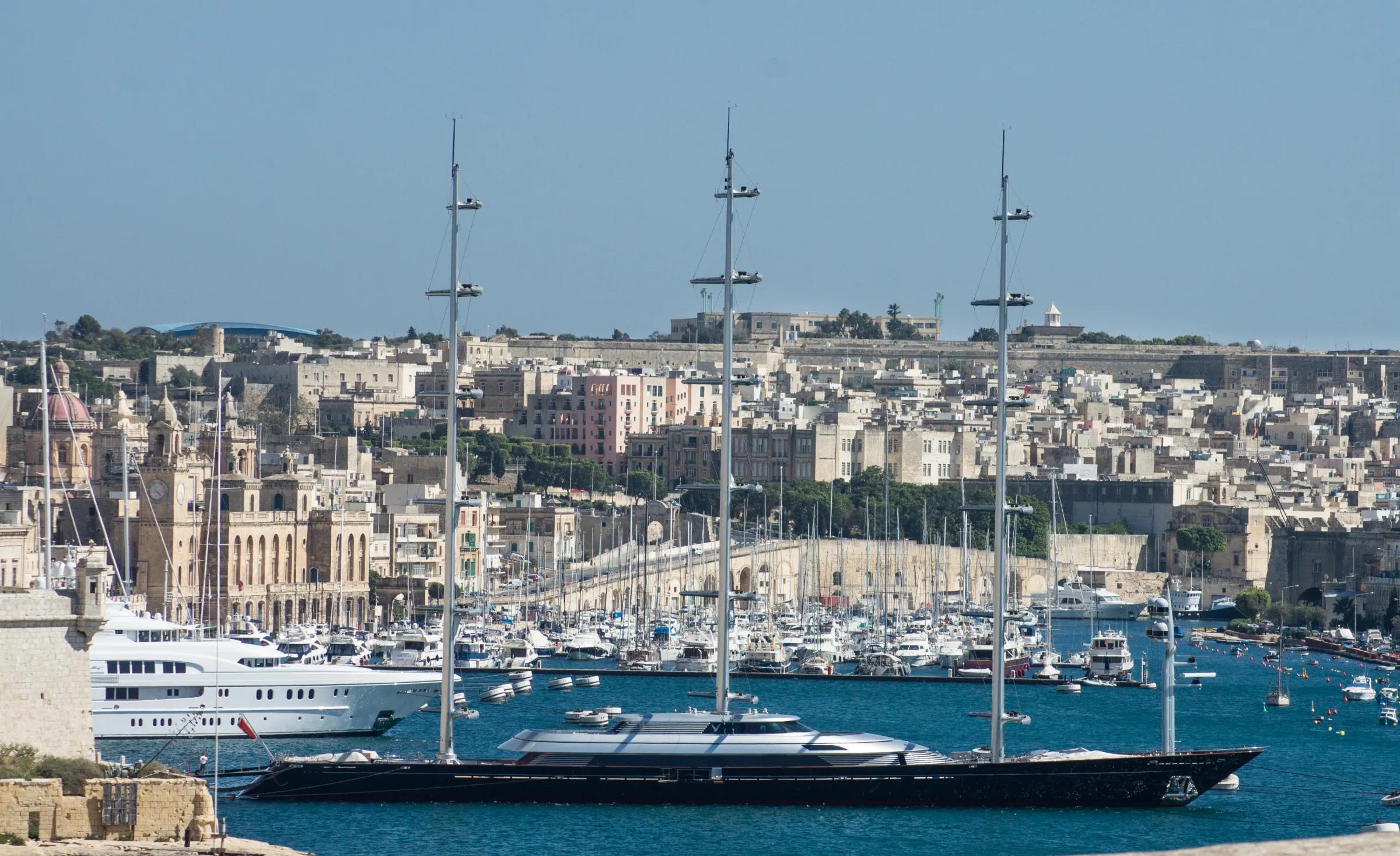The Maltese Falcon, a 289-foot three-masted DynaRig sailing superyacht, moored in Valletta harbour, Malta