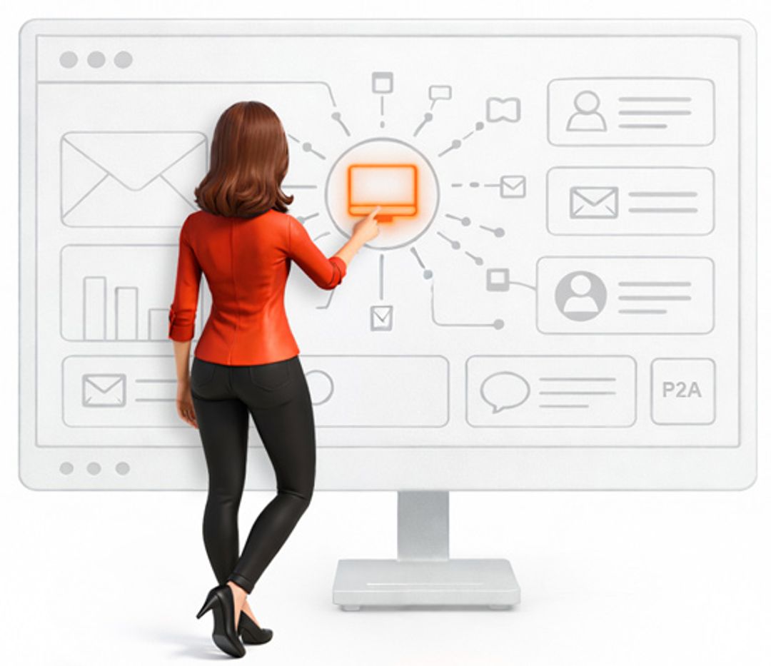 Woman presses a centralized glowing symbol on lifesize monitor