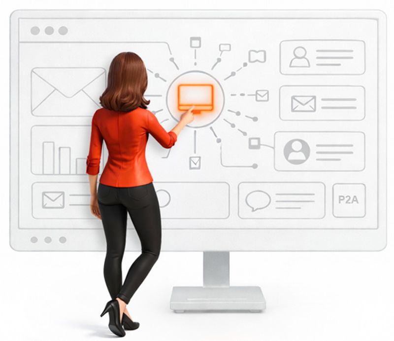 Woman presses a centralized glowing symbol on lifesize monitor