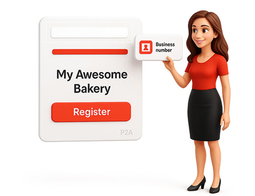 Illustration of a bakery being registered to receive a business number.