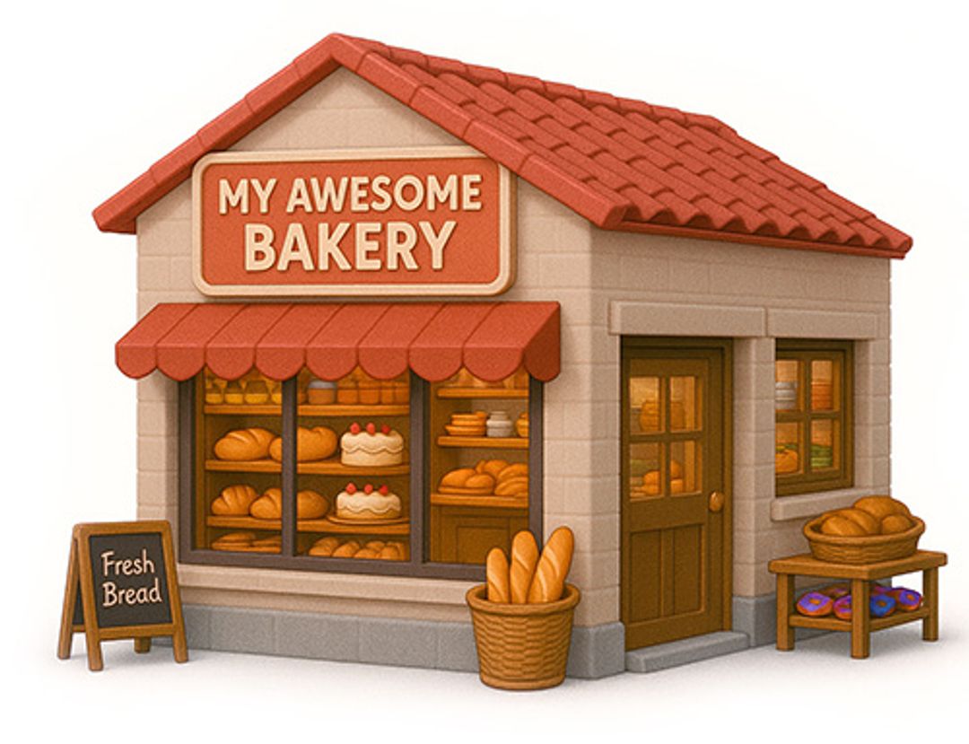Illustration of a fully furnished bakery ready for business.