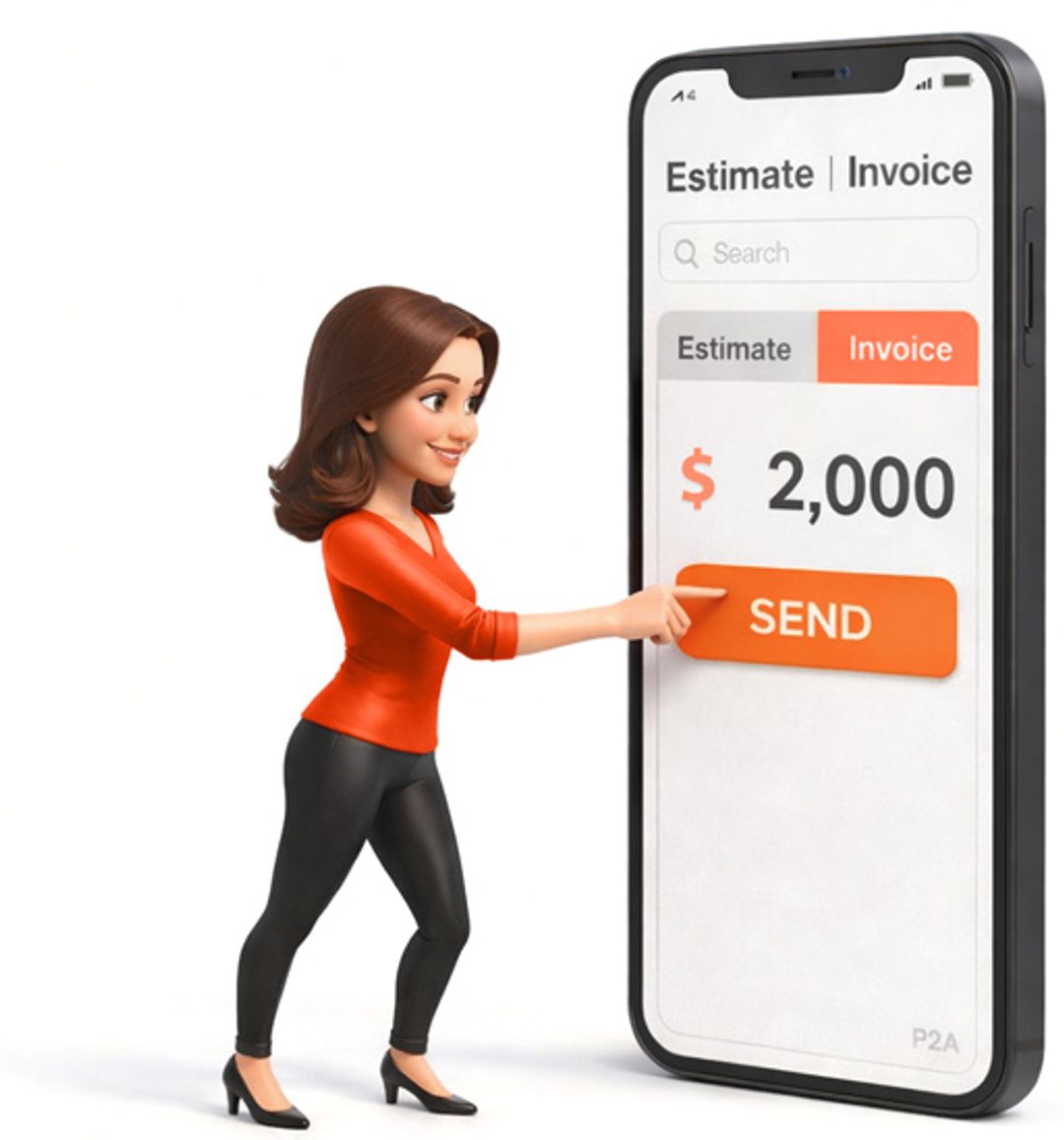 Woman pressing a send button on life size cell phone